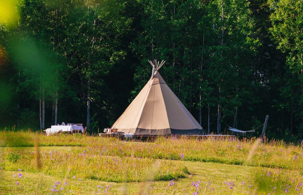 Beige tent in groen veld omringd door bomen in natuurlijke omgeving